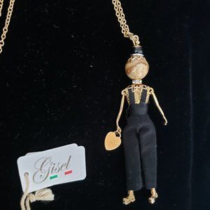 Gisel handmade doll necklace, black jumpsuit